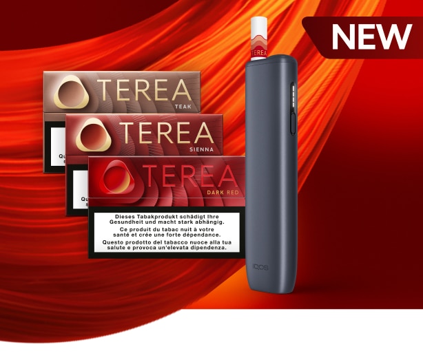 3 packs of Terea &ndash;  Sienna, Turquoise and Mauve Wave on a Rock with an IQOS ILUMA i device in blue breeze &ndash; surrounded by the IQOS key in tobacco tone.