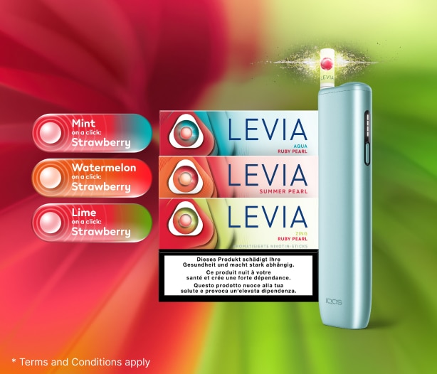 3 packs of Terea &ndash;  Sienna, Turquoise and Mauve Wave on a Rock with an IQOS ILUMA i device in blue breeze &ndash; surrounded by the IQOS key in tobacco tone.