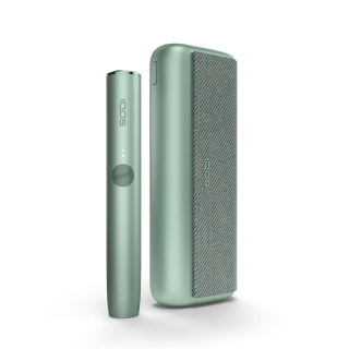 A jade green IQOS ILUMA PRIME device and holder.