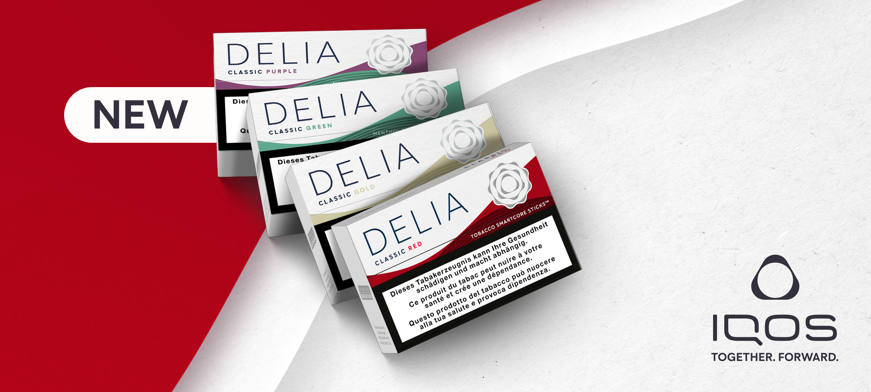 Four DELIA tobacco sticks packages and a small IQOS ILUMA device on a wavy red and white background