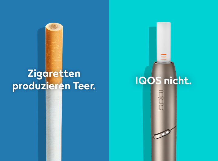 Zigarettenfilter mit braunen Verbrennungsflecken im Vergleich zu einem IQOS HEETS Stick in einem IQOS 3 DUO Halter.