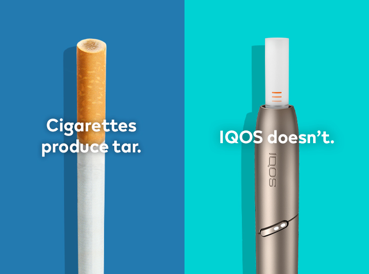 Cigarette filter with brown combustion stains compared to IQOS HEETS stick in IQOS 3 DUO holder with no equivalent stain.