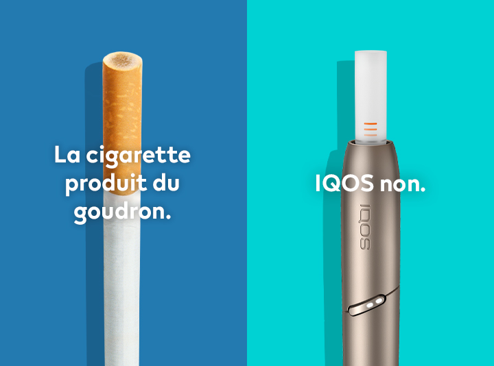 Filtre de cigarette avec des taches brunes de combustion comparé à un stick IQOS HEETS dans un support IQOS 3 DUO.