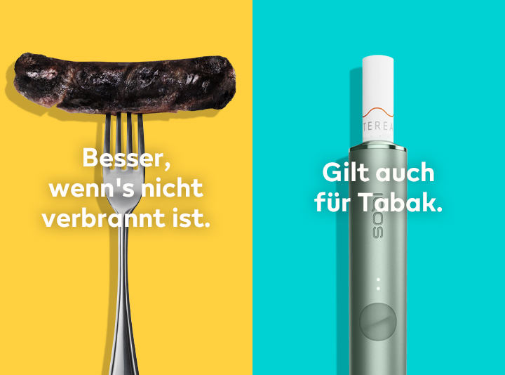 Verbrannte Wurst auf einer Gabel im Vergleich zu einem IQOS TEREA Stick in einem IQOS ILUMA Halter.