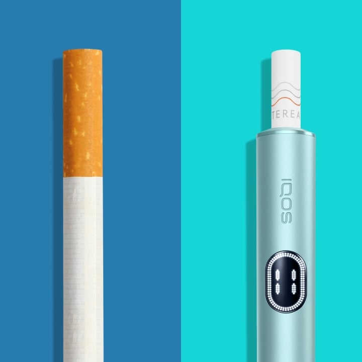 IQOS ILUMA Gerät im Vergleich zu einer Zigarette