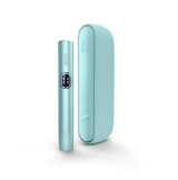 Breeze Blue IQOS ILUMA i device and its charger, standing position