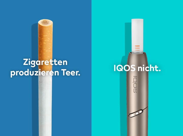 Zigarettenfilter mit braunen Verbrennungsflecken im Vergleich zu einem IQOS HEETS Stick in einem IQOS 3 DUO Halter.