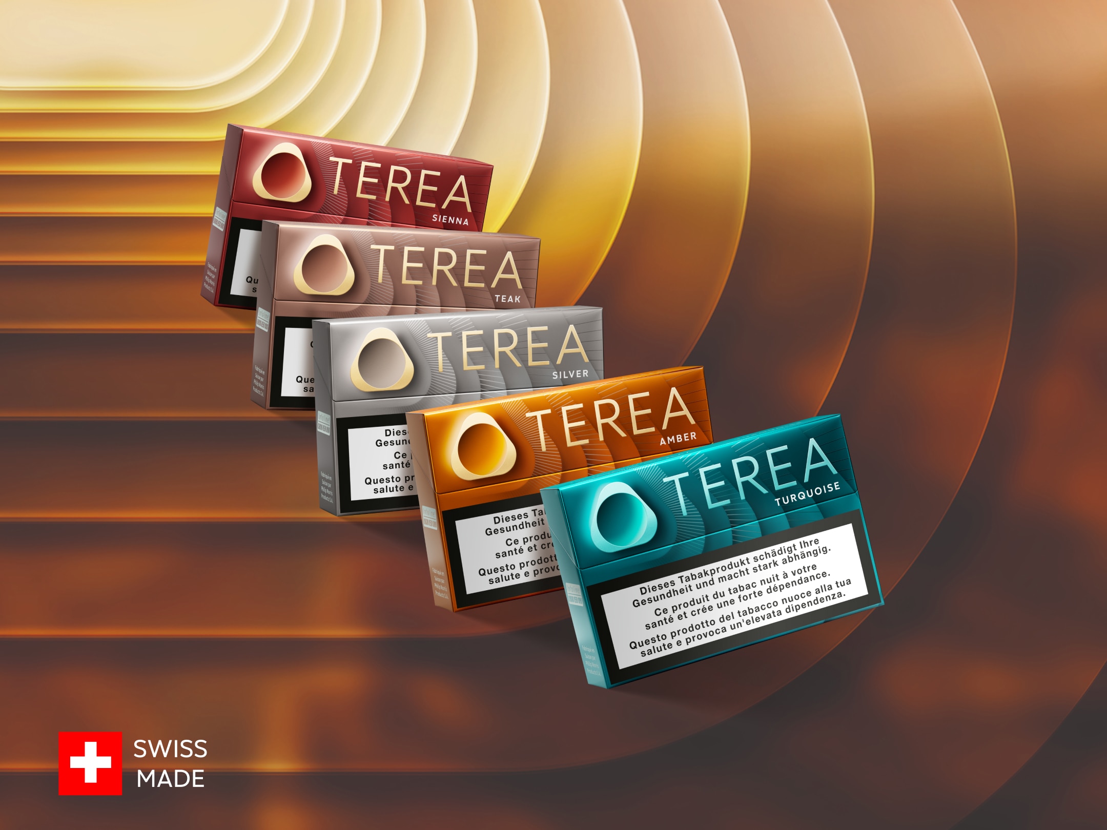 5 packs of Terea -  Turquoise, Amber,Silver, Teak and Sienna – with a tobacco-tone background featuring the IQOS key.