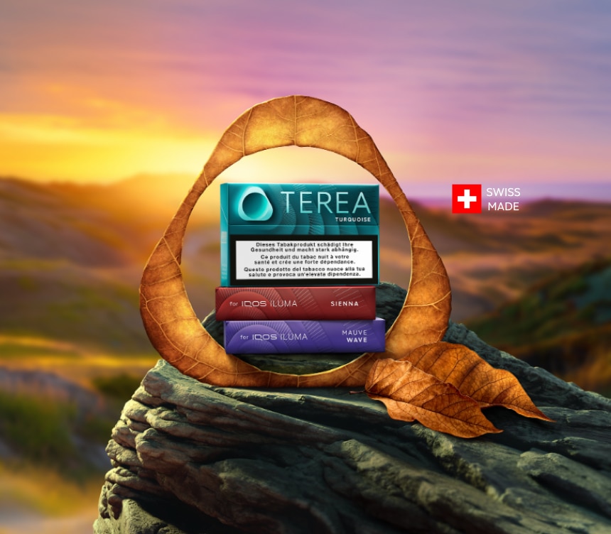3 paquets de Terea – Turquoise, Sienna et Mauve Wave – sur un rocher, entourés de l’insigne IQOS dans une teinte couleur tabac.