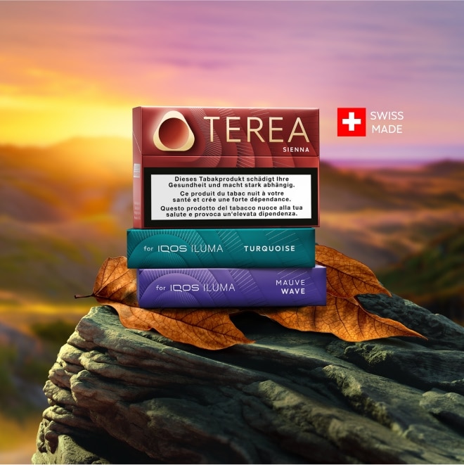 3 Päckli Terea – Sienna, Turquoise und Mauve Wave auf einem Felsen