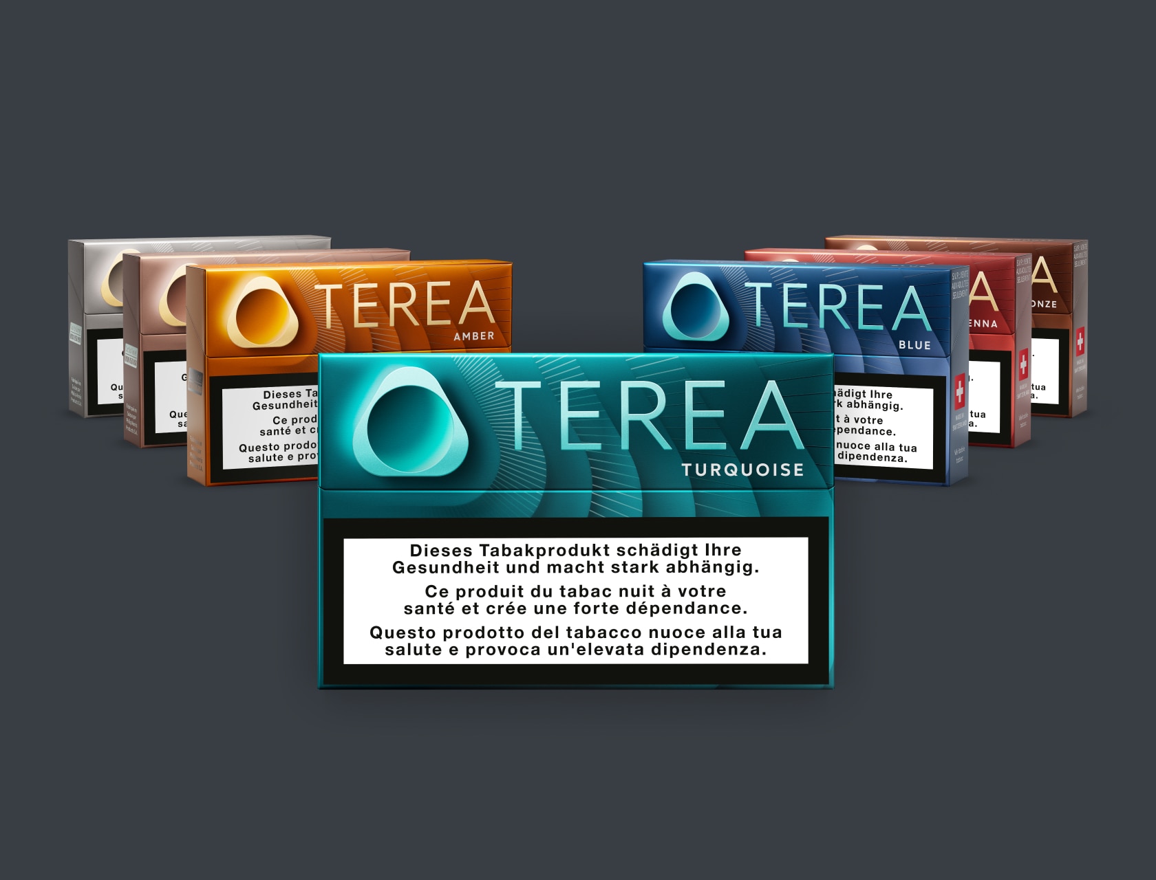 7 paquets de Terea – Amber, Turquoise, Blue, Teak, Sienna, Silver, Bronze – sur un fond anthracite