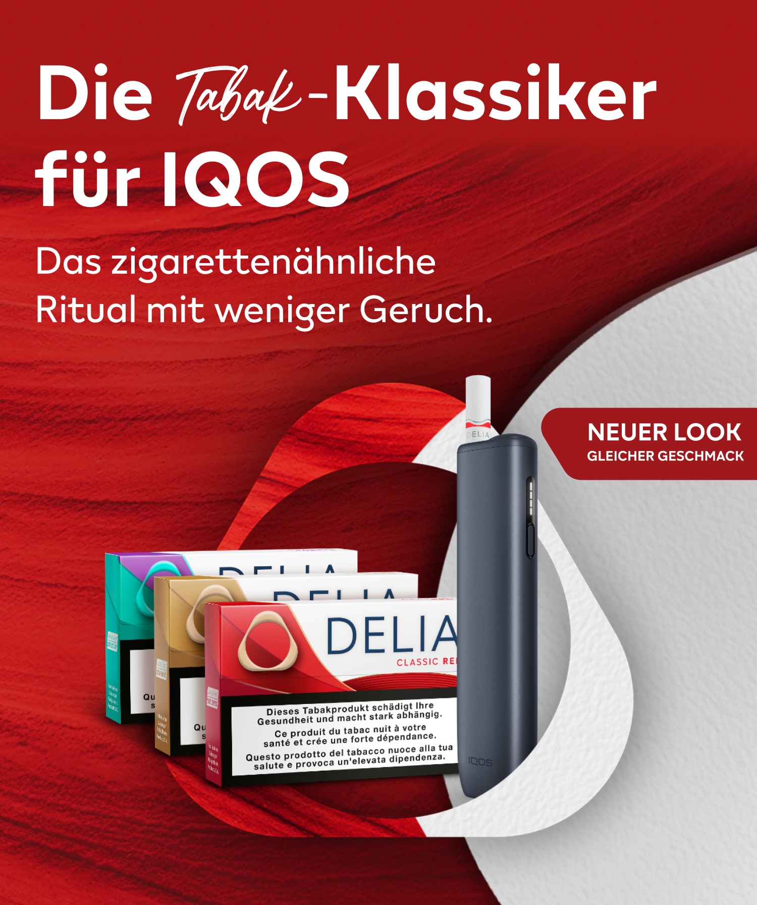DELIA Classic Red, DELIA Classic Gold, DELIA Classic Purple mit IQOS ILUMA i ONE Midnight Black vor rotem Hintergrund