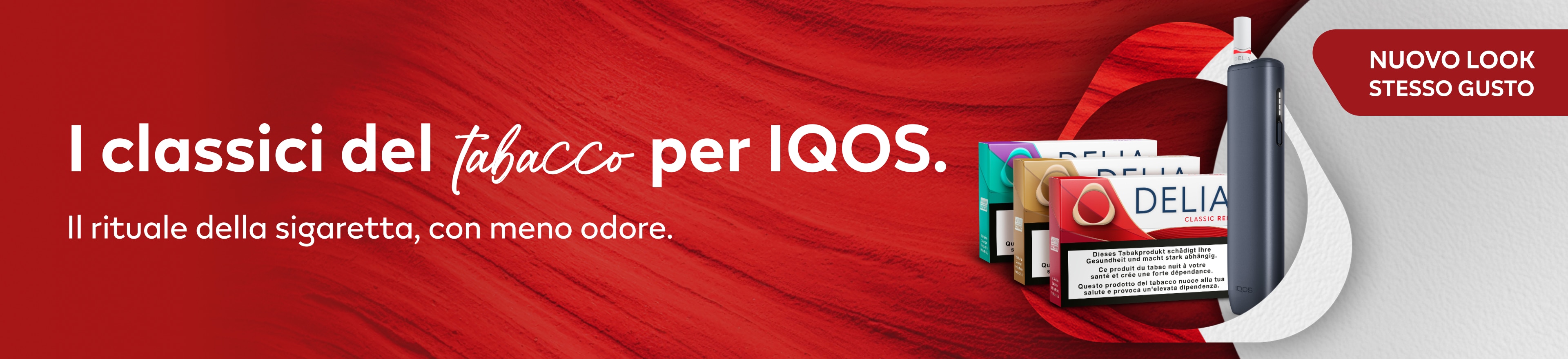 DELIA Classic Red, DELIA Classic Gold, DELIA Classic Purple con IQOS ILUMA i ONE Midnight Black su sfondo rosso