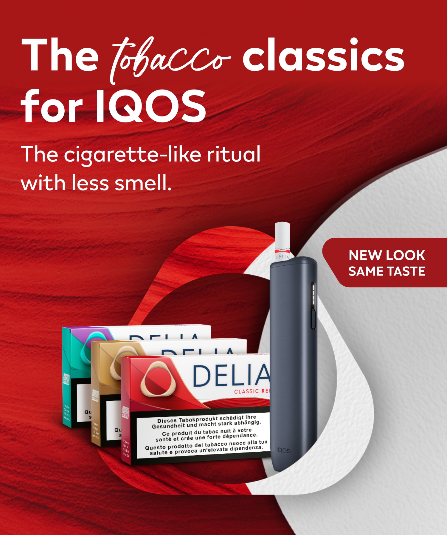 DELIA Classic Red, DELIA Classic Gold, DELIA Classic Purple with IQOS ILUMA i ONE Midnight Black with red background
