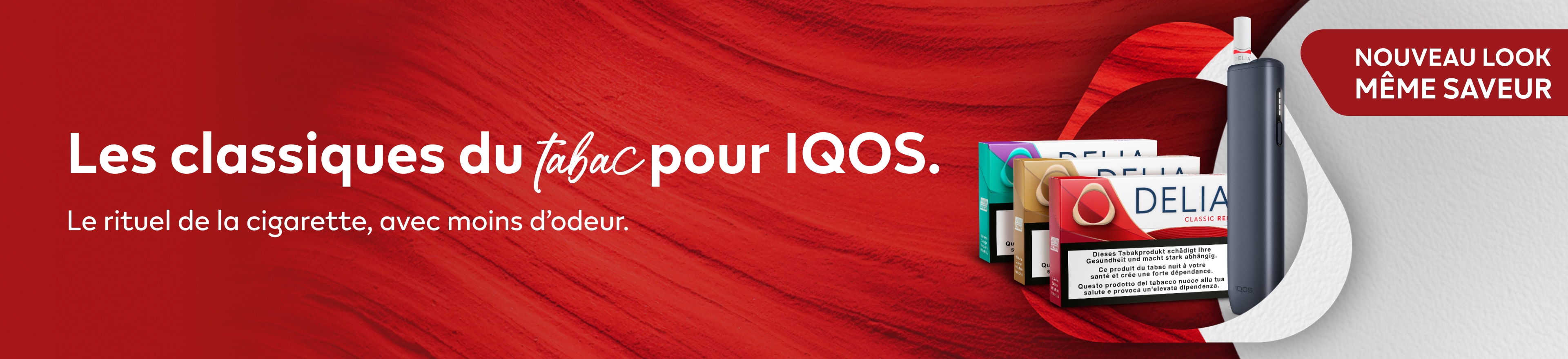 DELIA Classic Red, DELIA Classic Gold, DELIA Classic Purple avec IQOS ILUMA i ONE Midnight Black sur fond rouge