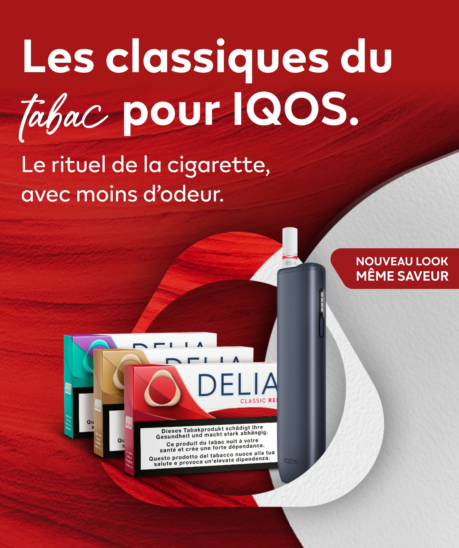 DELIA Classic Red, DELIA Classic Gold, DELIA Classic Purple avec IQOS ILUMA i ONE Midnight Black sur fond rouge
